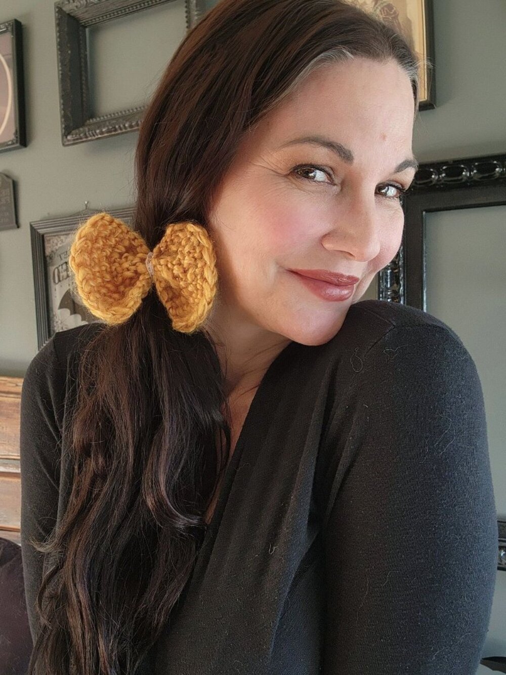 Knit Hair Bow, Handknitted Golden Yellow Ponytail Holder or Hair Band, Vintage L - Picture 7 of 10